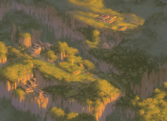 Image similar to concept art painting of a distant small woodland village by a river in a mountain valley seen from above, early morning, european japanese buildings, cel shaded, realistic, by makoto shinkai and moebius and anton fadeev and greg rutkowski and james gurney