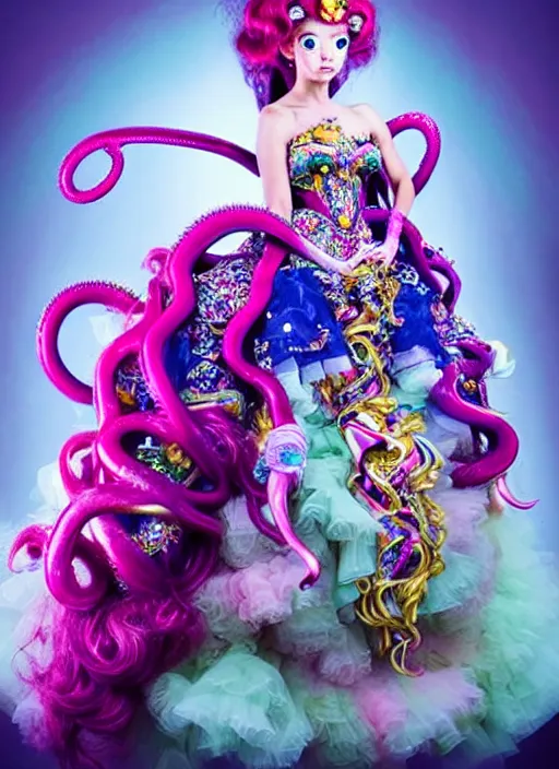 Image similar to A full body shot of a cute and mischievous monster princess with Sailor Moon hair made of tentacles wearing an ornate ball gown covered in jewels. Dynamic Pose. Quinceanera dress. Rainbow palette. rainbowcore. Eldritch Beauty. defined facial features, symmetrical facial features. Opalescent surface. beautiful lighting. By Giger and Ruan Jia and Artgerm and WLOP and William-Adolphe Bouguereau. Fantasy Illustration. Sailor Moon hair. Masterpiece. trending on artstation, featured on pixiv, award winning, cinematic composition, dramatic pose, sharp, details, Hyper-detailed, HD, HDR, 4K, 8K.