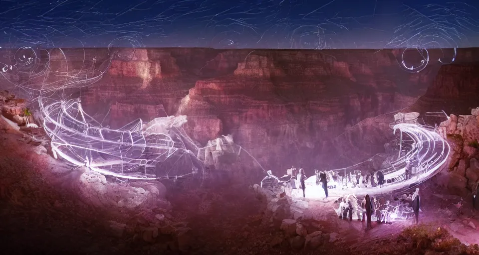 Prompt: miniature installation, macro photography, night, a lot of people and a spiral - shaped white luminous attractor is floating in grand canyon, concept art, art for the game, professional lighting, art