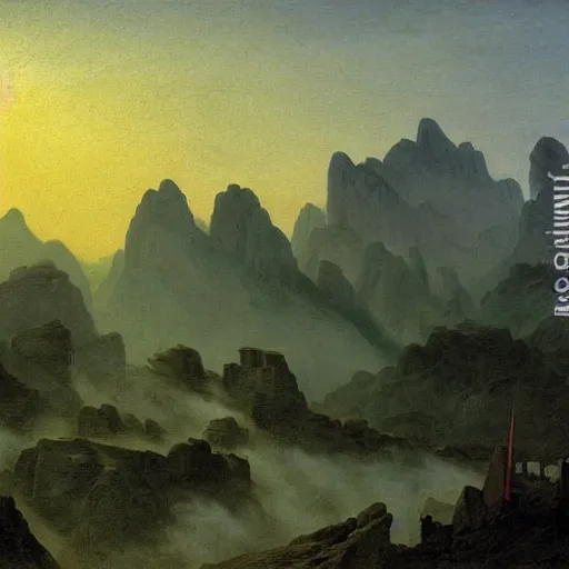 Image similar to pointy mountains with a village above the clouds, wooden platforms, tents, colors, misty clouds, sun at dawn, brutalism, painting by caspar david friedrich