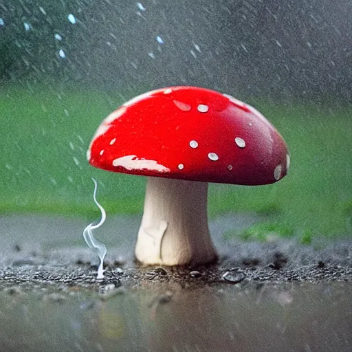 Prompt: mushroom smoking cigarette in the rain