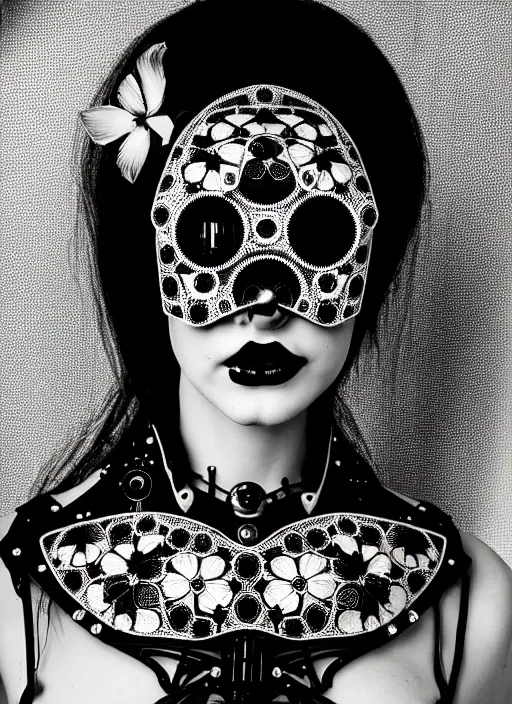 Prompt: black and white gothic masterpiece profile portrait, one steampunk eye silver hexagonal meshes floral biomechanical beautiful young female cyborg - vampire, big monocular, volumetric light, hibiscus flowers, by hg giger, rim light, big gothic fashion pearl embroidered collar, 8 k