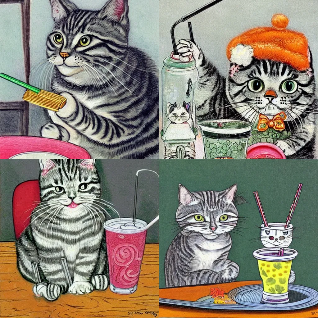 Prompt: a gray tabby cat, with a white nose, drinking boba tea with a straw - by louis wain. highly detailed. cute.