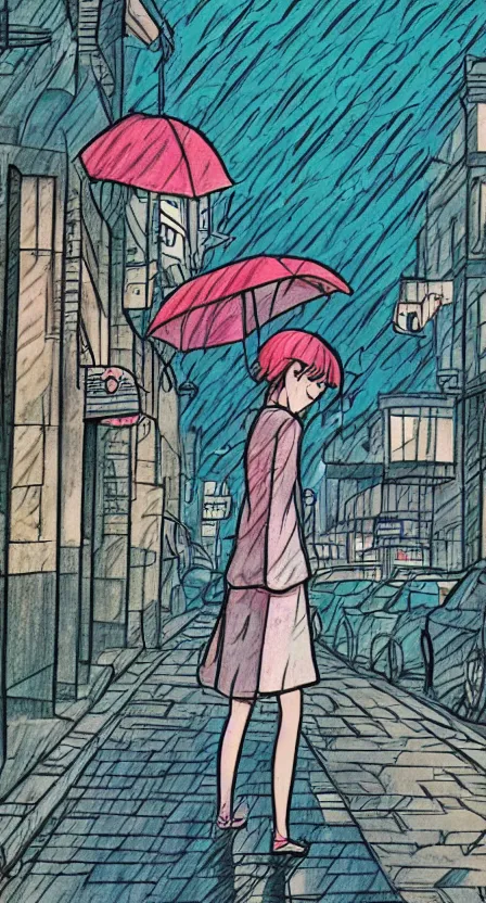 Image similar to girl in a summer rain ,hand draw,manga,ghibli studio style,retro style,90s vibe,Aesthetic,city