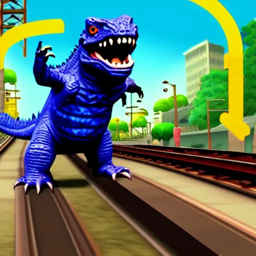 Image similar to small Godzilla running in Subway surfer, in-game shot, coherent like Dall-E 2