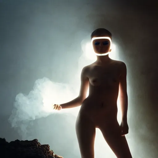 Image similar to levitating beautiful pale woman with white flowers and full - face golden mask inside a thick black smoke in rocky desert landscape, glowing eyes everywhere, dey earth by gaspar noe and christopher doyle, anamorphic lens, anamorphic lens flares, kodakchrome, cinematic composition, practical effects, award winning photo, 8 k