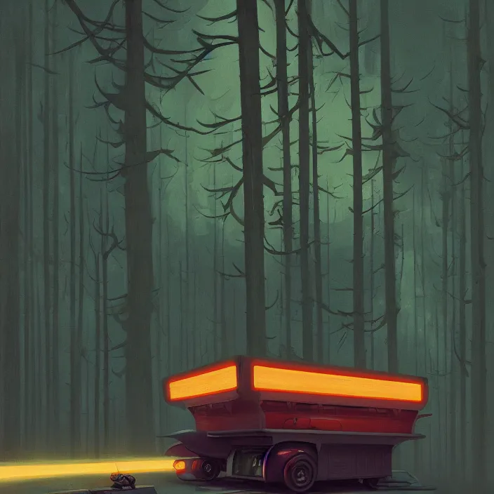 Image similar to fat alien on wheels rolling through the forest, highly detailed, Edward Hopper and James Gilleard, Simon Stalenhag