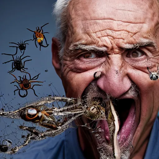 Image similar to National Geographic photo of angry old man with spiders in his mouth