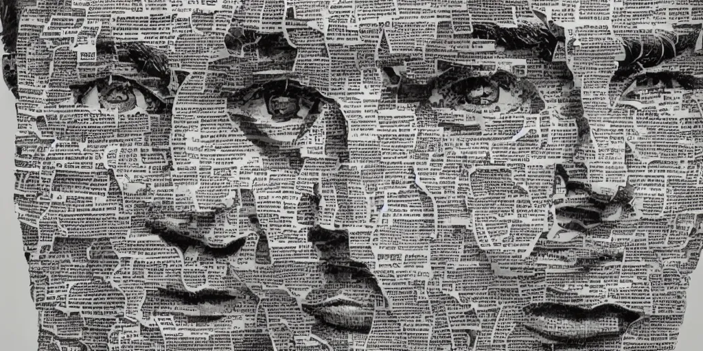 Image similar to Intricate detailed illustration, A portrait of a face constructed from newspaper clippings, cinematic lighting, by Philip Hood, wide angle, volumetric light scattering, 8k, artstation, concept art,