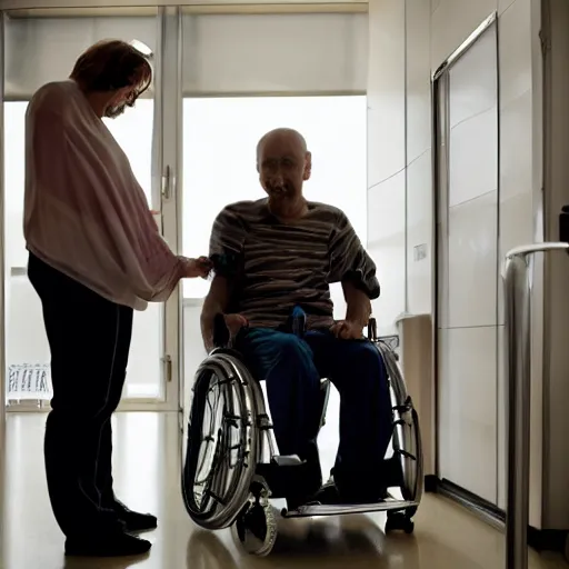 Image similar to a male patient in a wheelchair in the hospital with his wife and son standing by. happy, cheerful, smiling, intricate, sharp focus, cinematic lighting, 8 k, art by emiliya lane, margaret dyer