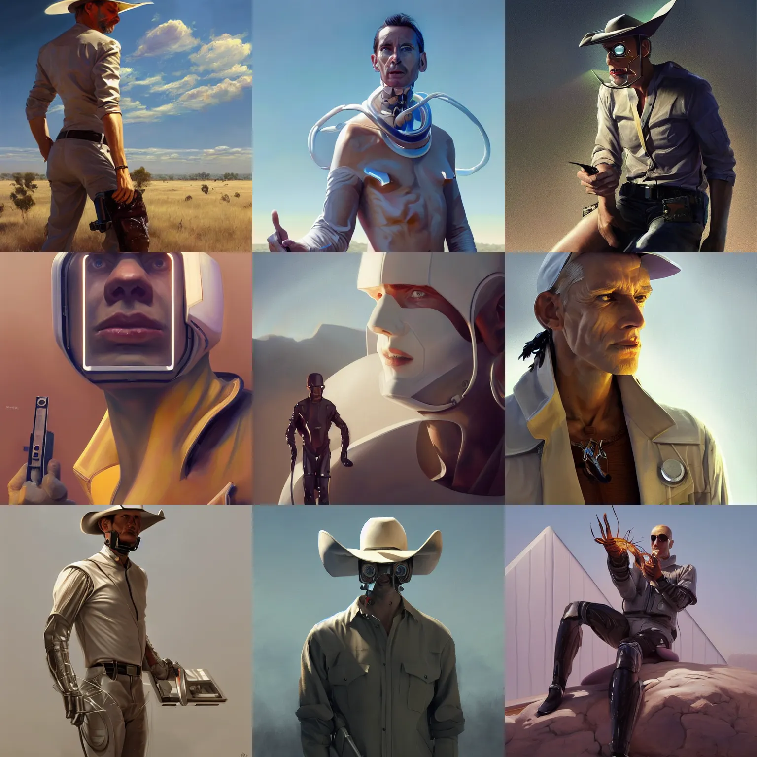 Prompt: futuristic austrailian man in cowboy had fored to live in a white cube and eat bugs digital art, ultrarealistic, irina french, heraldo ortega, mandy jurgens hajime sorayama greg rutkowski trending on artstation masterpiece golden ratio 8 k 1 5 0 mpx