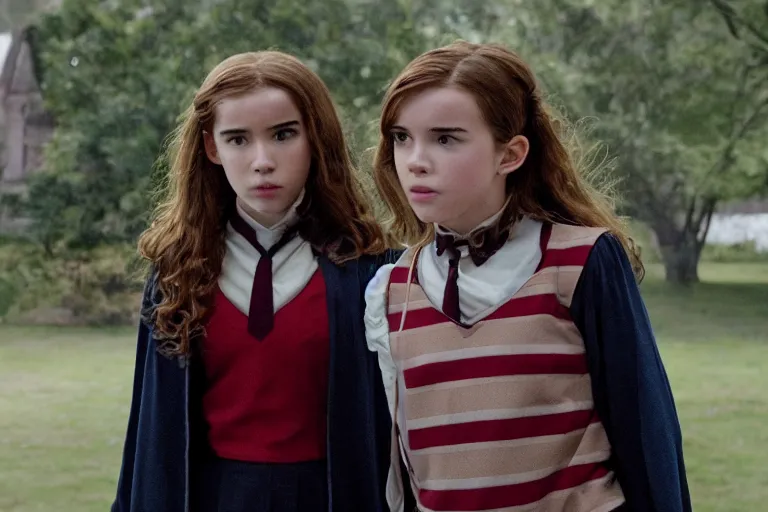 Image similar to film still Milly Bobby Brown as Hermione Granger wearing hogwarts uniform in Harry Potter movie