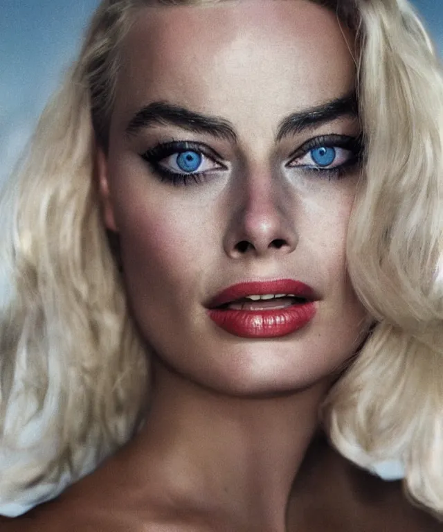 Image similar to a color photograph of margot robbie, by thomas ruff, platinum blond, intense, bold, exaggerated, ultra sharp, extra details, ultra high quality, trending on pinteresst