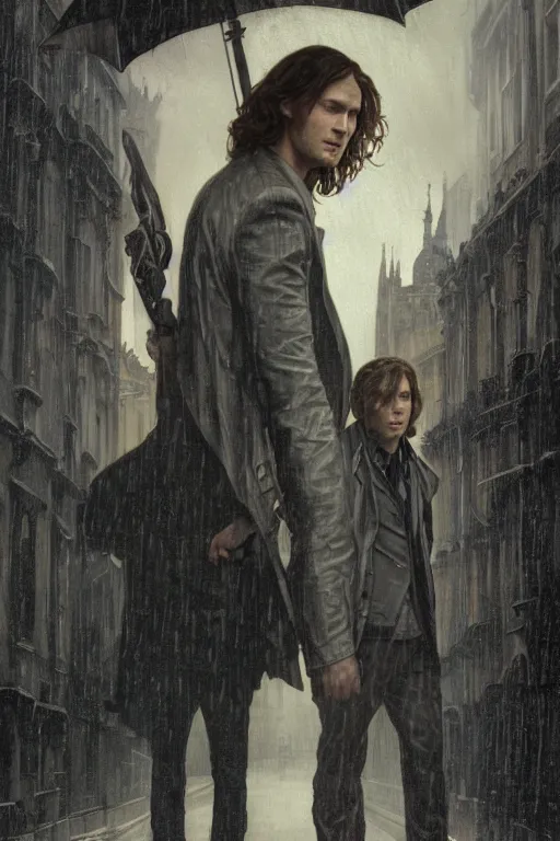 Image similar to a detailed matte portrait of sam winchester and dean winchester in a supernatural sherlock holmes story, 1 8 th century london in the rain, city streets, ominous, masterpiece, 8 k, art by alphonse mucha and greg rutkowski