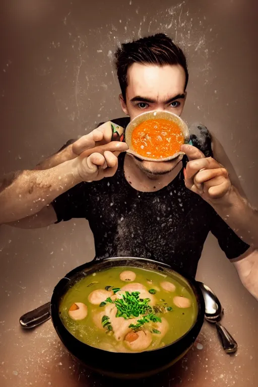 Image similar to 📷 jacksepticeye bathing in soup, made of food, head portrait, dynamic lighting, 4 k