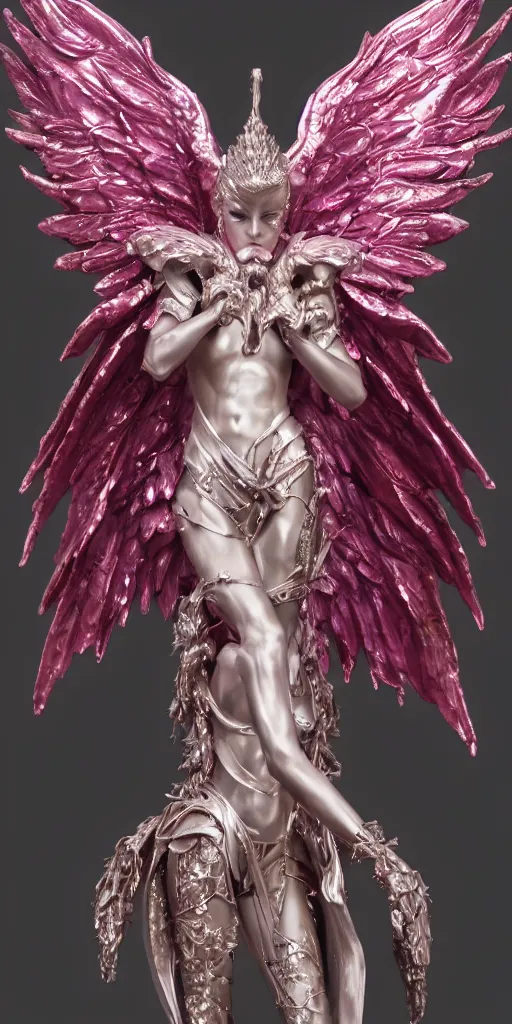 Prompt: female angel queen wearing shiny pink armor and sequin cape, subtle light accents and large fire angel wings, hyper details, black metal rococo, sculpted by Alex Alice, Craig Mullins, yoji shinkawa, trending on artstation, beautifully lit, Peter mohrbacher, hyper detailed, insane details, intricate, elite, elegant, luxury, ray of light through smoke, CGsociety, hypermaximalist, golden ratio, by Greg Rutkowski, volumetric, octane render, weta digital, micro details, 3d sculpture