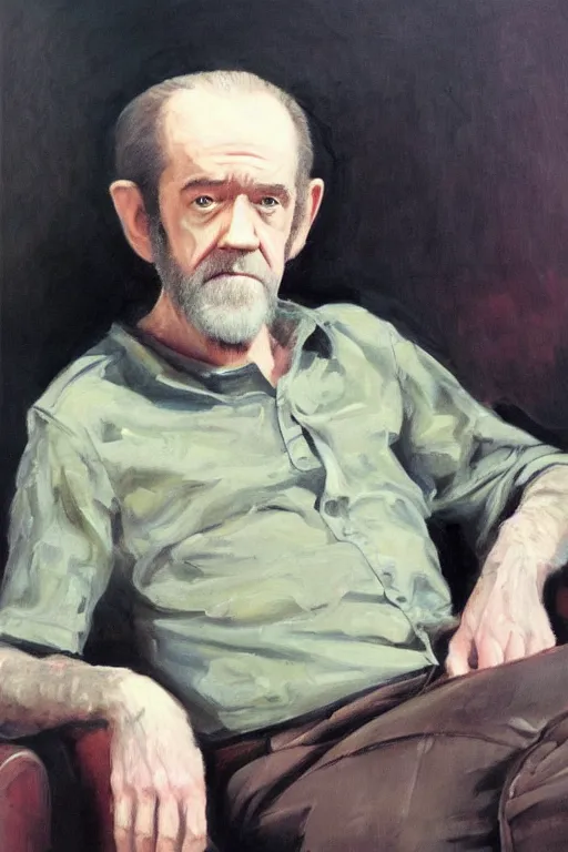 Prompt: portrait of george carlin seated on a couch, oil painting by wilson mclean, sharp focus, masterpiece, highly detailed