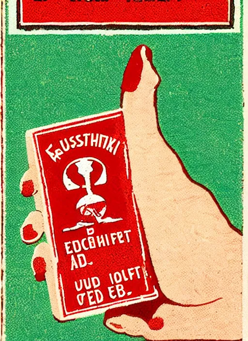 Image similar to a hand holding a red card, russian matchbox label style, propaganda,