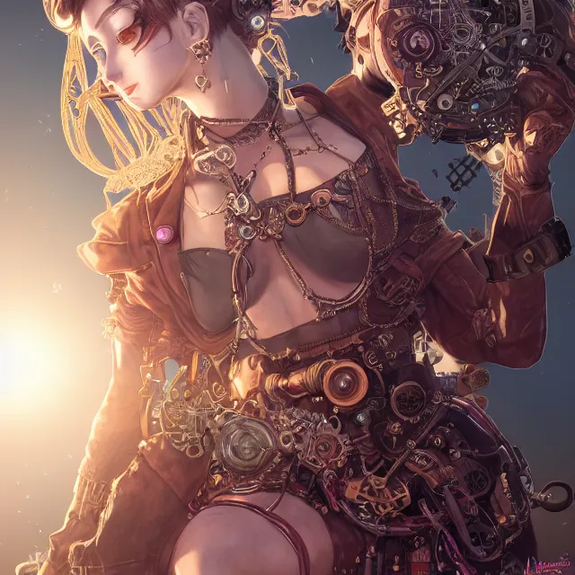 Prompt: the portrait of true neutral semi - colorful female steampunk mechanist as absurdly beautiful, gorgeous, elegant, young gravure idol, an ultrafine hyperdetailed illustration by kim jung gi, irakli nadar, intricate linework, bright colors, octopath traveler, final fantasy, unreal engine 5 highly rendered, global illumination, radiant light, detailed and intricate environment