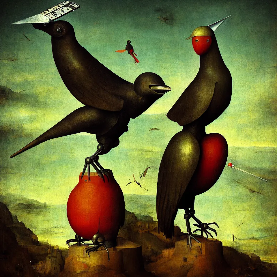 Image similar to standing robot bird, by hieronymus bosch, oil paint, portrait, cinematic, epic composition, digital painting, digital art, masterpiece