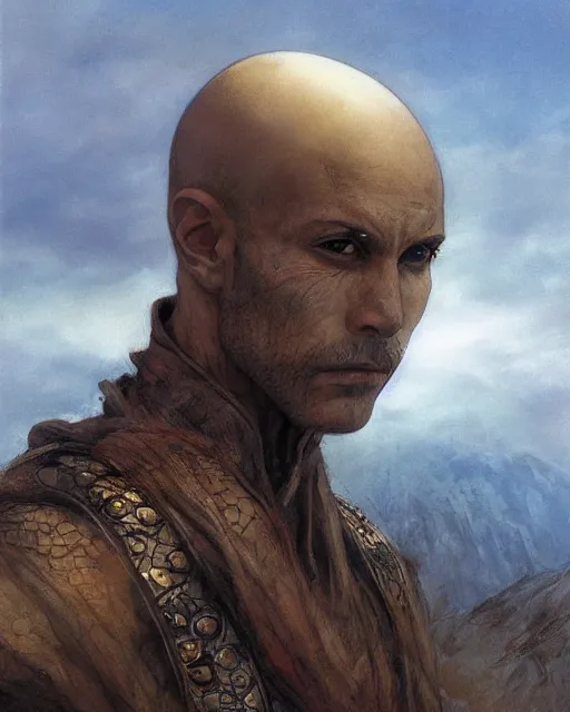 Image similar to a portrait of a bald warrior male sorcerer in a barren mountainous landscape, morning, art by yoshitaka amano and michael whelan