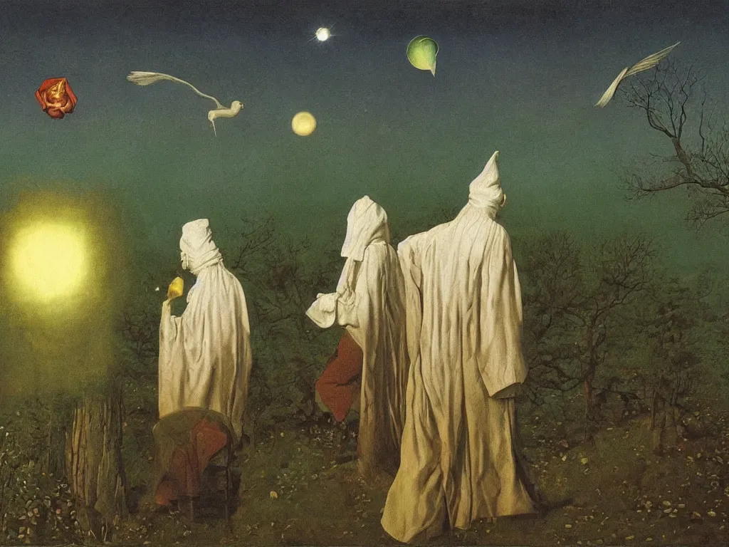 Image similar to albino mystic, with his back turned, looking at a comet over the forest in the distance. Painting by Jan van Eyck, Audubon, Rene Magritte, Agnes Pelton, Max Ernst, Walton Ford