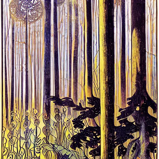 Image similar to a foggy golden forest, colored woodcut, poster art, by Mackintosh, art noveau, by Ernst Haeckel, bright pastel colors