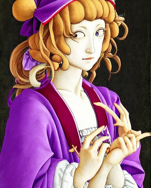 Image similar to touhou character yukari yakumo, purple frilly dress, long blonde hair, bonnet with bow, realistic art, art in the renaissance style of sandro botticelli