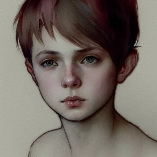 Image similar to young boy, short pink hair, light eyes, gorgeous, amazing, delicate, elegant, intricate, highly detailed, watercolor, portrait, artstation, concept art, sharp focus, illustration, art by artherm and greg rutkowski and alphonse mucha