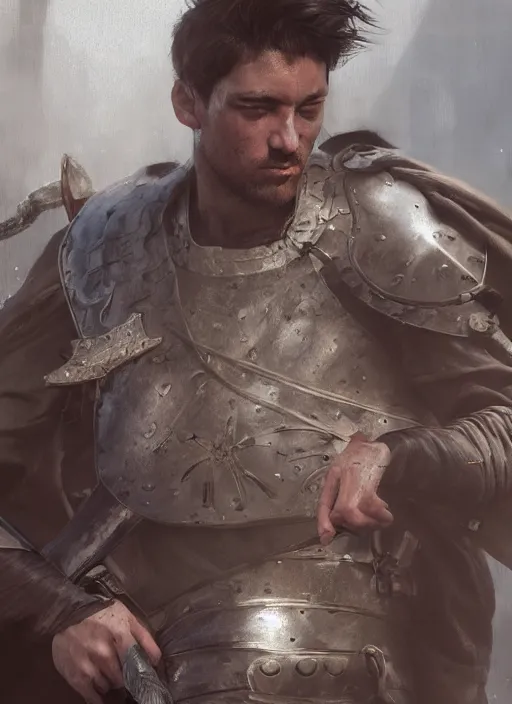 Image similar to medium close up of male medieval warrior walking with weapon on shoulder, brown hair, dirty face, realistic cinematic lighting, photorealistic, reflections, glistening, sweat, greg rutkowski, wlop, ruan jia, artgerm, craig mullins, pixiv, artstation, octane renderer