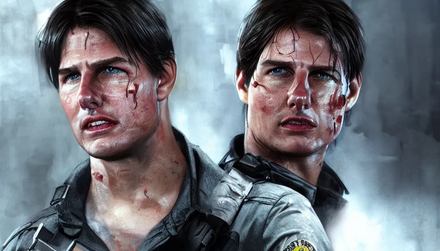 Image similar to Tom Cruise is Leon Kennedy in Resident Evil 2 Remake, hyperdetailed, artstation, cgsociety, 8k