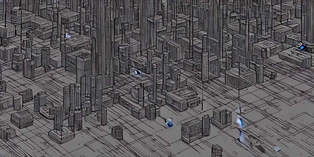 Image similar to areal view of mechanical futuristic brutalist city in the style of Akira!