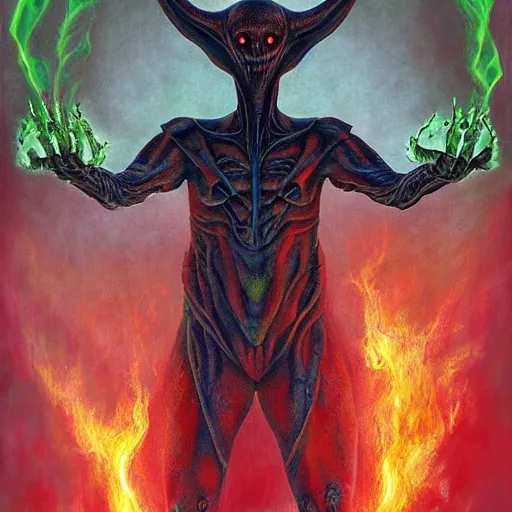 Image similar to realistic alien, medium shot portrait, devil horns,,!!!!! human eyes!!!!!!, green body. red eyes, background flames, by wayne barlowe