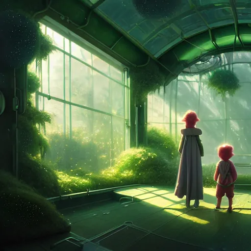 Image similar to , little child and grandma in sci - fi green house, spaceship, plants, stephen bliss, misty, unreal engine, pixar, fantasy art by greg rutkowski, loish, ferdinand knab, and lois van rossdraws, global illumination, radiant light, minimalist, detailed and intricate environment