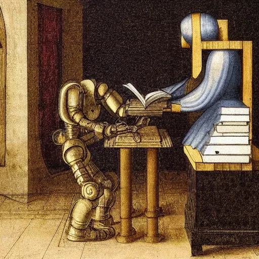 Image similar to a robot reading a book by leonardo da vinci