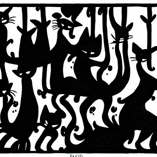 Image similar to black cats in a pack line art in the style of “ al columbia ”