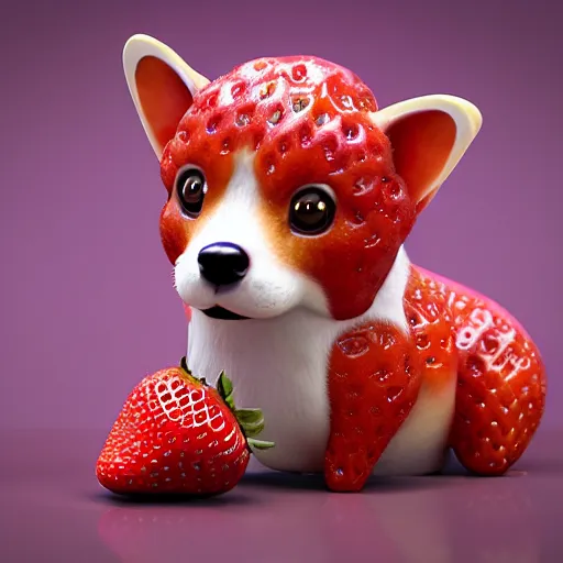 Image similar to corgi with strawberry skin, in strawberry jam : ornate, dynamic, particulate, intricate, elegant, highly detailed, centered, artstation, smooth, sharp focus, octane render