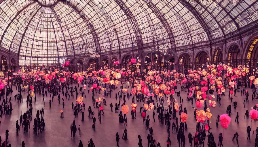 Image similar to victoria secret parade in the galeries nationales du grand palais in paris, light, shadows, reflections, flowers, epic composition, intricate, elegant, volumetric lighting, 4 k resolution, octane render, unreal engine, ultradetailed, photorealistic, ultrarealism, trending on artstation