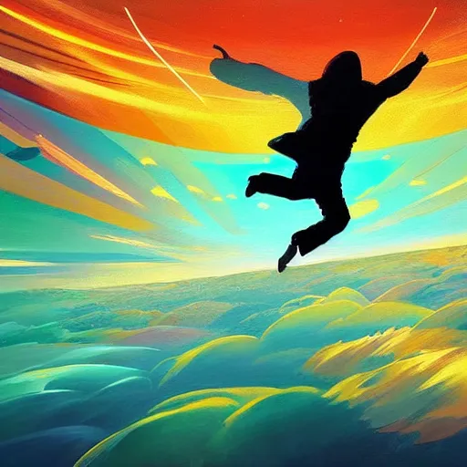 Image similar to a painting of a person flying through the sky, an ultrafine detailed painting by petros afshar, shutterstock contest winner, metaphysical painting, sense of awe, behance hd, windows vista