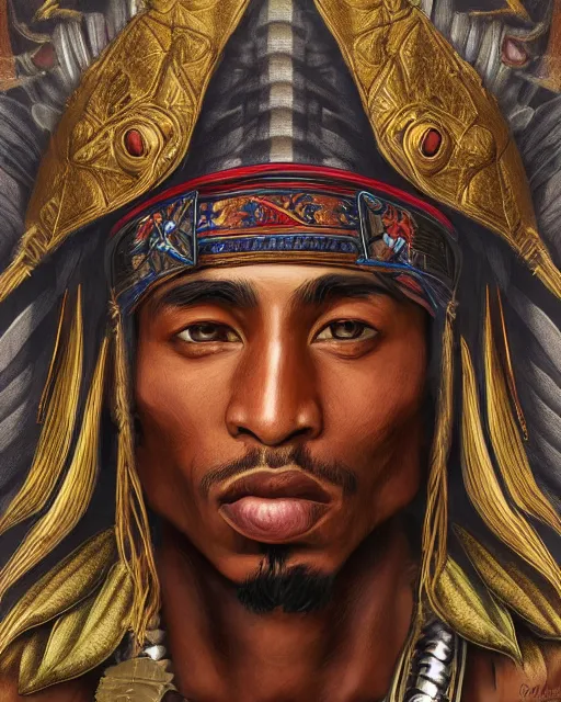 Prompt: digital painting of tupac amaru, incan warrior, by filipe pagliuso and justin gerard, symmetric, fantasy, highly detailed, realistic, intricate, portrait, sharp focus, tarot card