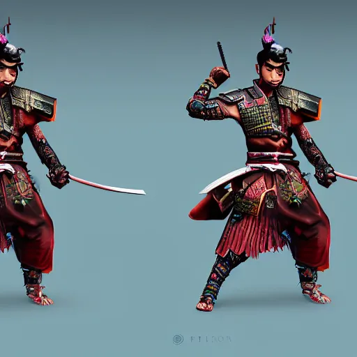 Prompt: fantasy style samurai, in a photorealistic style, doing a sparing pose, dynamic lighting, 8k, art station, devian art