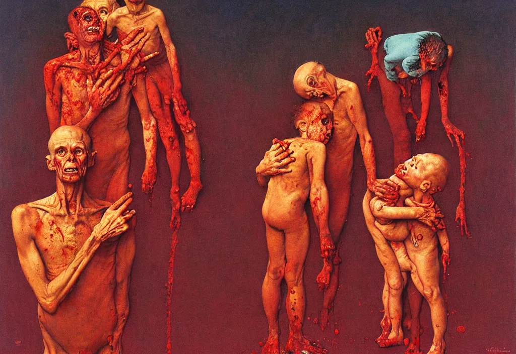 Prompt: A Norman Rockwell painting of a family losing their grip on reality, horror, blood red, cosmic horror, by Zdzisław Beksiński and Norman Rockwell, cinematic, 8k