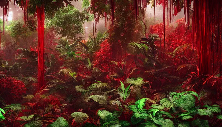 Image similar to red liquid jungle, large plants and leaves covered in red, lush but everything is dark red, beautiful crimson colored render, cinematic lighting, trending on artstation, elaborate, detailed, digital painting, elaborate matte painting