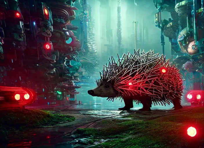 Image similar to giant intricate mechanical hedgehog with cybernetic enhancements and visible gears, on the background of a weird magical mechanical forest. Very detailed 8k. Fantasy cyberpunk horror. Sharp. Cinematic post-processing. Unreal engine. Nanite. Ray tracing. Parallax. Tessellation