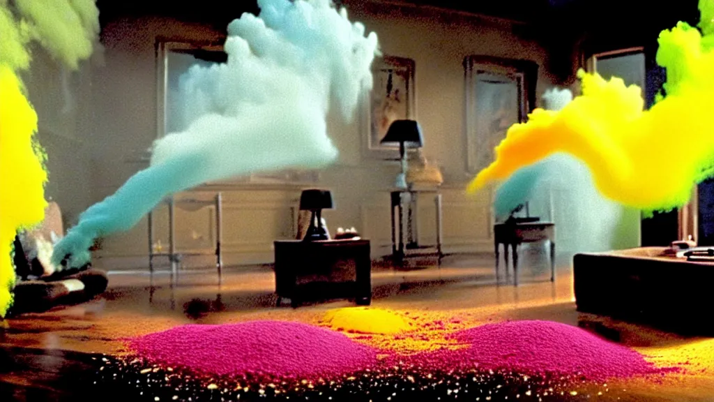 Image similar to colored powder explosion in the living room, film still from the movie directed by Denis Villeneuve with art direction by Salvador Dalí, wide lens