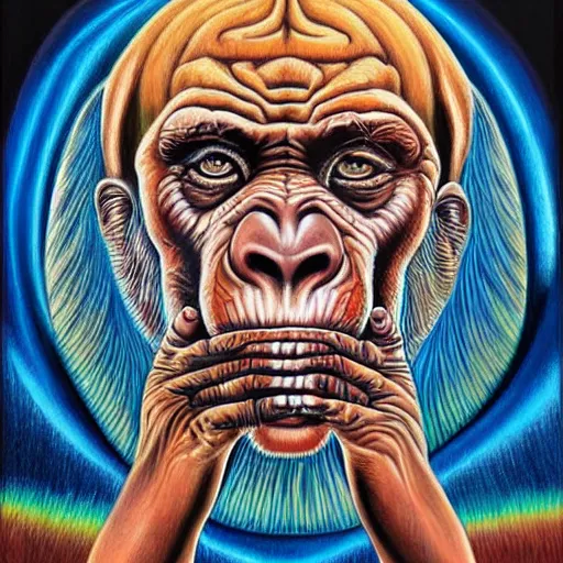 Image similar to alex grey painting of a chimpanzee holding up a bone