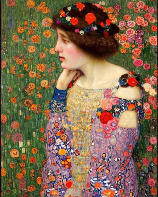 Image similar to a beautiful woman in a colorful dress surrounded by colorful patterns and flowers by gustave klimt and edgar maxence and john william waterhouse and michael whelan, artistic, intricate realistic fantasy, extremely detailed and beautiful face, 8 k resolution, dramatic lighting