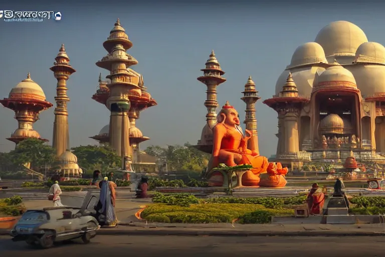 Prompt: beautiful futuristic new delhi, sharp sci - fi ganesha!! building, kalighat flowers, highly detailed, stephen shore & john j. park, cinematic morning light, wide shot, ground angle, uhd 8 k, sharp focus