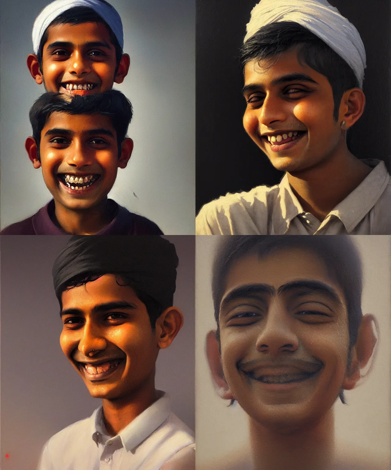 Prompt: a beautiful portrait of a smiling indian stoner boy, 1 9 9 0 s, head only, by laszlo moholy - nagy, by greg rutkowski, by carl gustav carus, oil on canvas, trending on artstation, masterpiece, brilliant cold lighting, detailed, 8 k