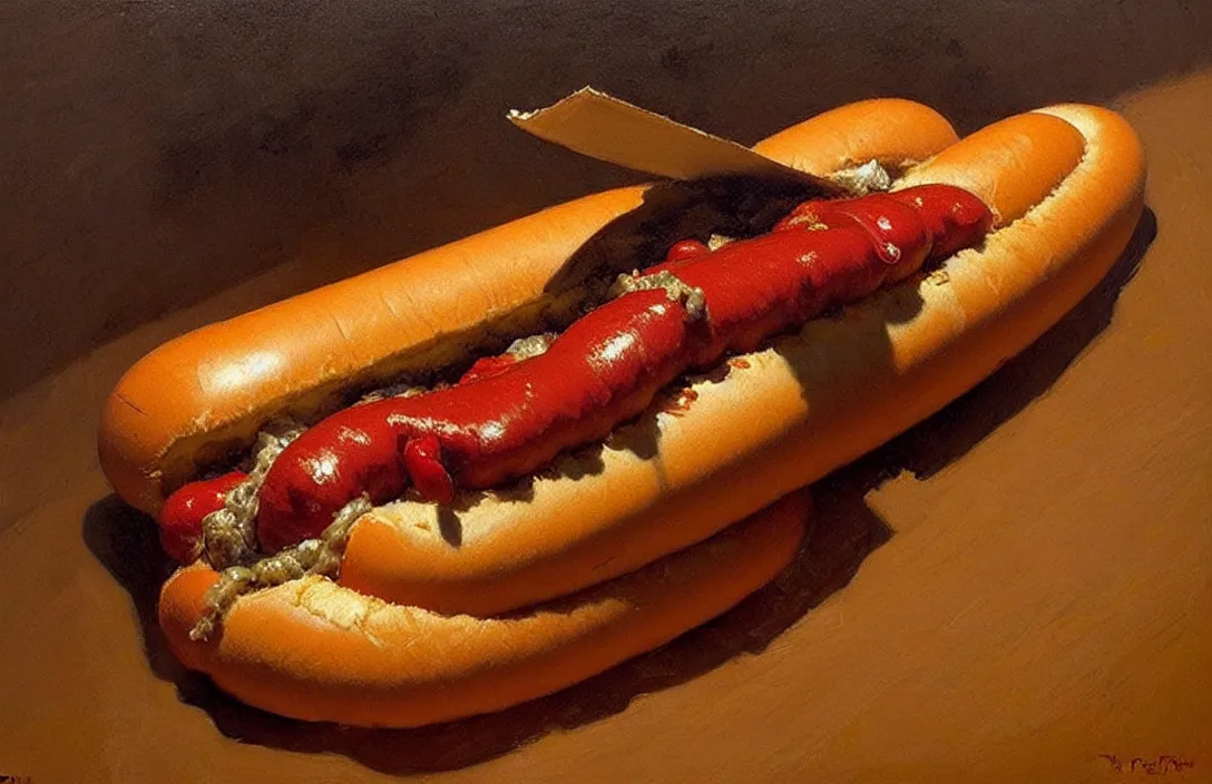 Image similar to portrait of a hot dog!!!!!!!!!!!!!!!!!!!!!!!!!!!, detailed face, detailed painting,, epic lighting, by ilya repin, phil hale and kent williams